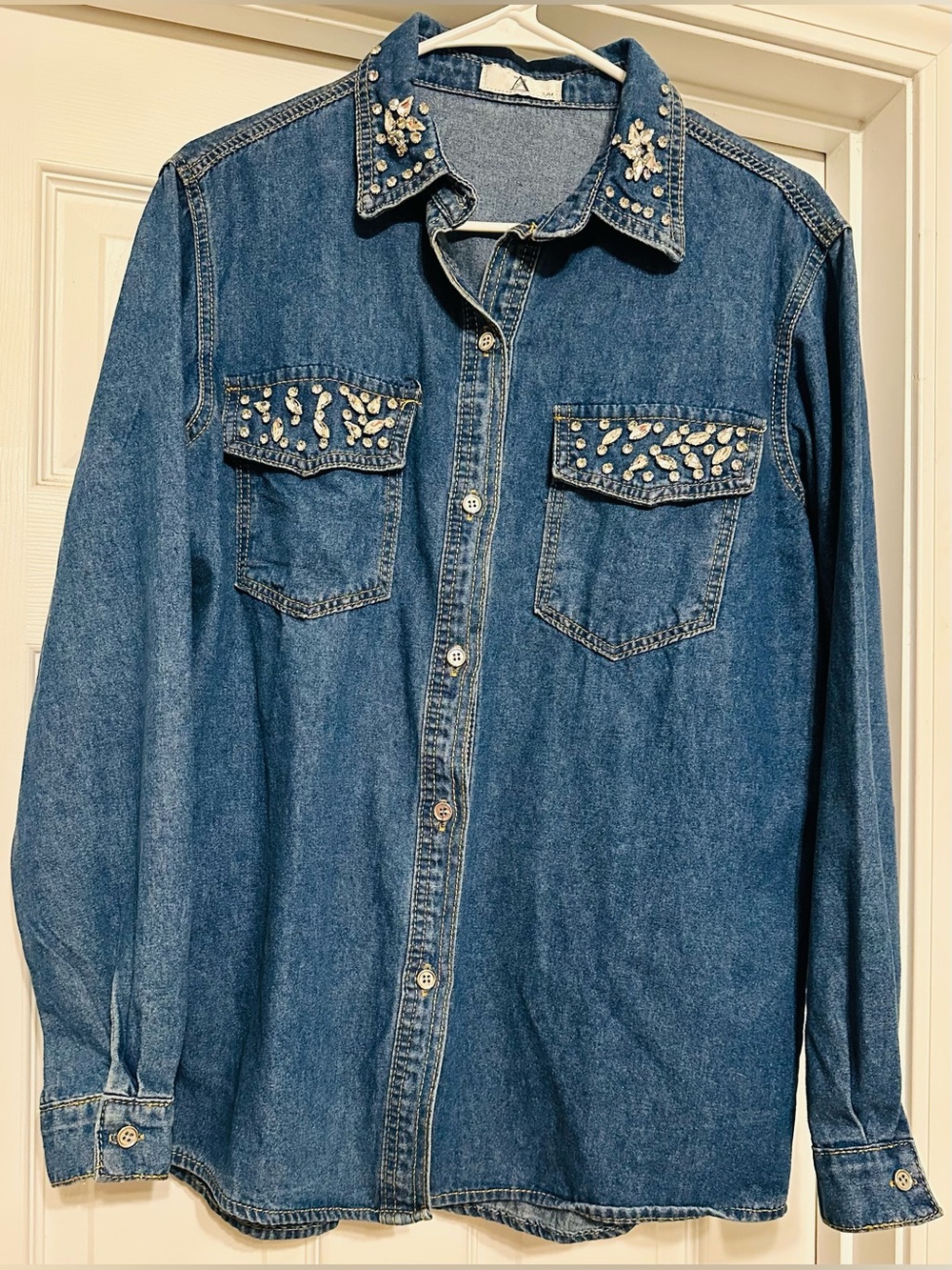 Embellished Denim Button-Down Shirt - Blue Very Oversized, will fit Large.